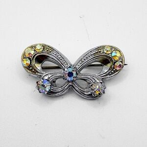 Vintage Butterfly Brooch Pin AB Crystals Marcasite Silver Tone C Clasp